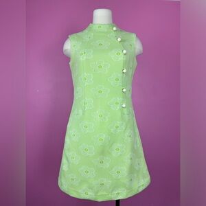 Sleeveless 1960s Lime Green Floral Dress // Vintage 60s Neon Sleeveless Dress